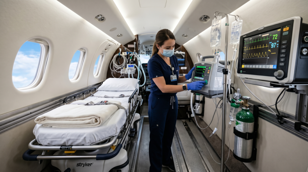 Air Ambulance Service in Jharsuguda - ICU-configured cabin with ventilator cardiac monitor and medical crew