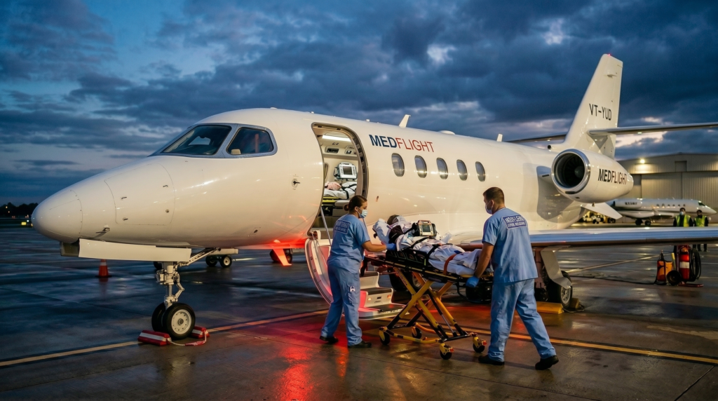 Air ambulance service Odisha, Air Kalinga medevac aircraft ready for emergency medical evacuation from Bhubaneswar Biju Patnaik Airport
