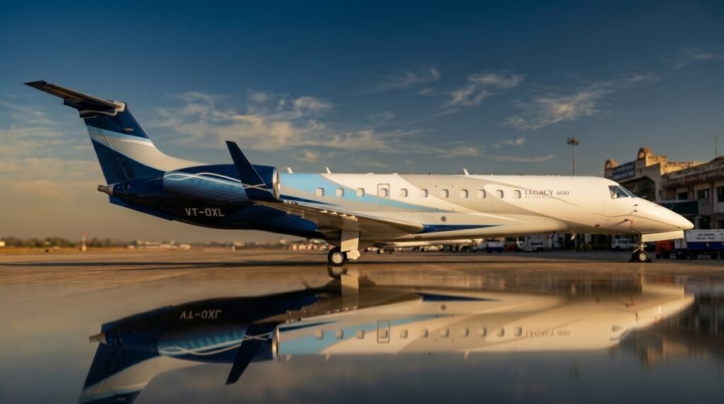 Private jet charter cost India, Air Kalinga Embraer Legacy 600 VT-OXL on Bhubaneswar apron ready for charter departure